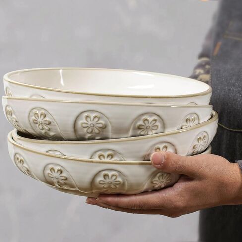 Artena Pasta Bowls, 50oz Large Salad Serving Bowls, 9.75'' Plates Bowls Set of 4, Big White Ceramic Soup Bowls for Kitchen, Embossment Shallow Dinner Bowl, Microwave Dishwasher Safe, Multiple Patterns in Saudi Arabia