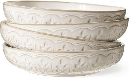 Artena Pasta Bowls, 50oz Large Salad Serving Bowls, 9.75'' Plates Bowls Set of 4, Big White Ceramic Soup Bowls for Kitchen, Embossment Shallow Dinner Bowl, Microwave Dishwasher Safe, Multiple Patterns in Saudi Arabia