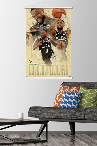 Trends International NBA Milwaukee Bucks - Damian Lillard 24 Wall Poster with Magnetic Frame, 22.37" x 34.00", Print and Black Hanger Bundle in Saudi Arabia