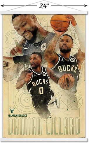 Trends International NBA Milwaukee Bucks - Damian Lillard 24 Wall Poster with Magnetic Frame, 22.37" x 34.00", Print and Black Hanger Bundle in Saudi Arabia
