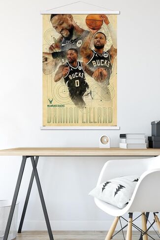 Trends International NBA Milwaukee Bucks - Damian Lillard 24 Wall Poster with Magnetic Frame, 22.37" x 34.00", Print and Black Hanger Bundle in Saudi Arabia