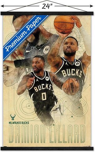 Trends International NBA Milwaukee Bucks - Damian Lillard 24 Wall Poster with Magnetic Frame, 22.37" x 34.00", Print and Black Hanger Bundle in Saudi Arabia