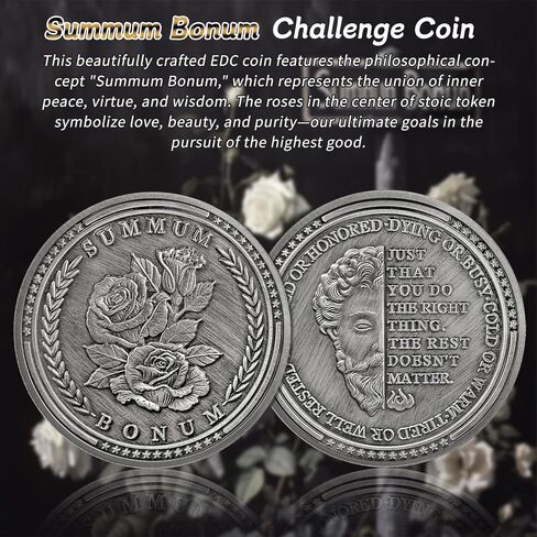 Summum Bonum Challenge Coin - Silver EDC Rose Stoic Coin - Love of Fate Token Reminder for Daily Stoic Practice - Inspirational Thoughtful Stoicism Gifts for Men Women Kids in Saudi Arabia