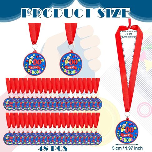 Poen 24 Pcs Happy 100 Days of School Award Medals 1.97'' Rubber 100th Day of School Medals for Awards for Kids with 29.5" Ribbon Classroom Supplies Themed Party in Saudi Arabia