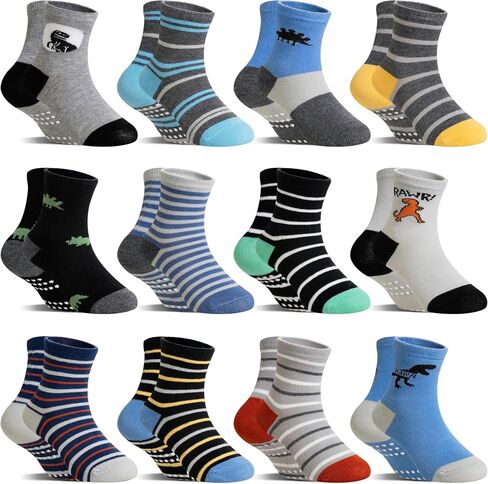 DoSmart 12 Pairs Baby Boys Toddlers Grips Socks Kids Infants Anti Slip Non Skid Funny Cartoon Breathable Cotton Crew Socks in Saudi Arabia