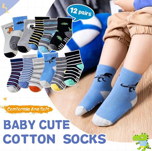 DoSmart 12 Pairs Baby Boys Toddlers Grips Socks Kids Infants Anti Slip Non Skid Funny Cartoon Breathable Cotton Crew Socks in Saudi Arabia