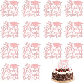 12 PCS Glitter Pink 'اعتقدت أنها تستطيع حتى فعلت "القبعات العليا للكعك ، 6.2 × 5.3 بوصة تختار الغذاء للبنات ، ديكورات كبيرة ملهمة لمستلزمات الحفلات في كلية الثانوية