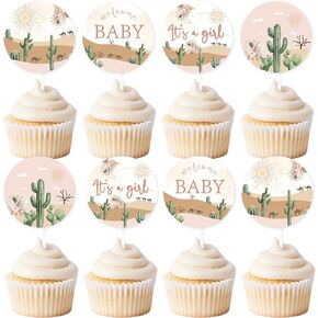 24pcs Desert Baby Shower Cupcake Topper for Girl Desert Boho Cactus Cake Decorations إنها فتاة زخترية دش الطبيعة ذات طابع الصحراء تنتظر إمدادات استحمام الطفل