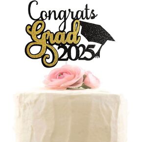 Xiuhuba تهانينا Grad 2025 Cake Topper ، فئة 2025 لوازم زخارف التخرج الحفلات ، 2025 حفلة ، Gold Black Glitter