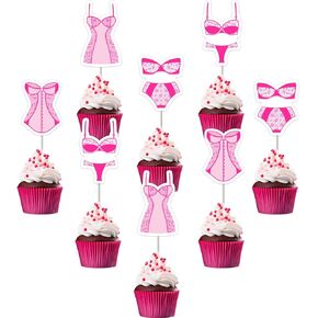 24pcs Pink Bachelorette Cupcake Topper Hot Pink Intelder Party Cupcake يختار ملابس الزفاف للملابس الداخلية للنساء للنساء لحفلة الزفاف الإمدادات الزفاف