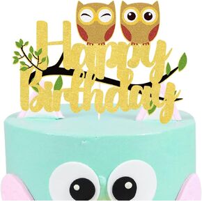 Owl Cake Topper,Happy Birthday Sign Owl Cake Decorations,Owl Animal Themed Birthday Baby Shower Party Supplies,Gold Glitter