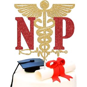 NP Cake Topper ، ممرضة ممرضة ، 2025 ممرضة الصف ، مستلزمات التخرج من مدرسة التخرج من مدرسة التمريض ، اللمعان الذهب والأحمر