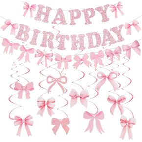 Pink Bow Birthday Decorations Pink Bow Birthday Banner Bow Party Hanging Swirls Set for Women Girls Bow Party Decoration Supplies