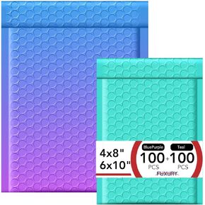 Fuxury 200pc Bubble Mailers, 100Pack 4x8 Padded Envelopes Teal+6x10 100Pack Bubble Mailers BluePurple, Self Seal Waterproof Mailing Envelopes Bubble Padded Bulk, Mailers Bubble Padded
