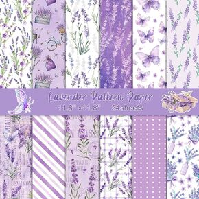 Konsait 24 Sheets Double Sided Lavender Scrapbook Paper 12x12, Flower Patterned Paper Purple Craft Floral Cardstock for Card Making Scrapbooking Supplies