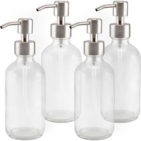 8-Ounce Clear Glass Boston Round Bottles w/Stainless Steel Lotion Pumps (4-Pack); Empty Refillable Liquid Soap & Lotion Bottles