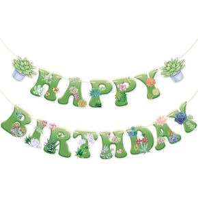 Firefairy Succulent Birthday Banner, Pre-strung Succulent Plants Birthday Banner, Spring Birthday Party Decor, Green Plant Birthday Decor, Succulent Birhday Party Decorations