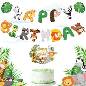 Clabby 2 Pieces Safari Animals Happy Birthday Banner Cupcake Topper Jungle Theme Supplies, Safari Decorations Baby Shower Decorations for Two Wild Theme Party Birthday Party Supplies