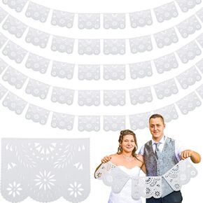 Tatuo 10 Pack White Papel Picado Banner Cielito Lindo Party Decoration 16.4 قدمًا كبيرة من البلاستيك المكسيكي لافتات المكسيك Mexico Fiesta Party Decoration