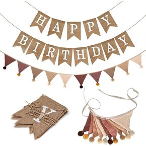 Burlap Happy Birthday Banner with Pennant Banner Flags for Birthdays Decor, Brown Burlap Happy Birthday Signs Bunting for Men Women Boys Girls kids Celebration Party Backdrops