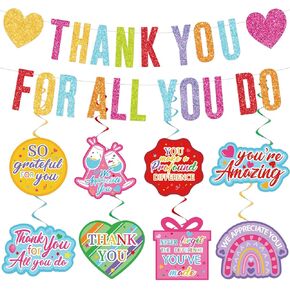 Thank You for All You Do Banner Employee Appreciation Decorations Thank Theme Cutouts Glitter Thank You Banner Hanging Swirls for Teacher Doctor Retirement Appreciation Week Party Favor