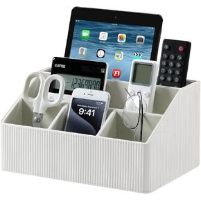 حامل التحكم عن بُعد مع 5 مقصورات لاستلوازات الفنون المكتبية ، PU Leather Generizer Pencil Pen Desk Caddy للمنزل ، ومنظم سطح المكتب متعدد الوظائف والتخزين (أسود)