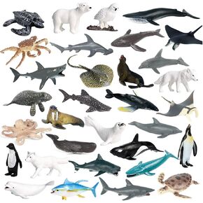 Animal Figures 32pcs Realistic Plastic Ocean Animal Figurines for Science Project, Learning Toys, Cake Topper Birthday Party Gift for Kids