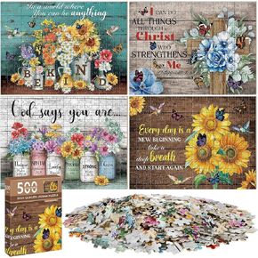 4 Pack 500 Pieces Christian Puzzles for Adults Bible Sunflower Religious Wooden Jigsaw Puzzles for Adults Elderly Seniors Inspirational Gift for Family Easter Activities Games