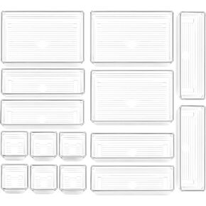 15 PCS مجموعة منظمات درج بلاستيكية شفافة ، 3 أحجام منظمي مقسم الدرج المكتبي وصناديق التخزين للمكياج ، المجوهرات ، الأدوات للمطبخ ، غرفة النوم ، الحمام ، المكتب