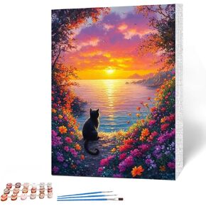 Maxbye Cat Paint by Numbers Kit for البالغين المبتدئين مع إطار خشبي ، وغروب الشمس البحر البالغ الطلاء من قبل أدوات ، وطلاء البالغين بأرقام مجموعات زيت DIY للهدية ديكور جدار المنزل 12x16 في