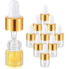 Kesell 15 Pack 1ml Mini Glass Dropper Bottles Clear Essential Oil Bottles Small Sample Vials Containers with Dropper for Perfume, Cosmetic, Travel (Gold)