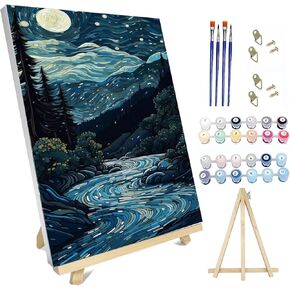 hyzsj Paint by Numbers Kit for Adults with Frame,Landscape Paint by Numbers for Adults, Paint by Number with Easel, DIY Paint by Number Kits for Home Wall Decor（River Forest Moon11.8x15.7inch ﻿