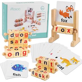 Looikoos Wordcraft Learning Blocks Wooden Reading ، Montessori Educational Toys for Kids Flash Cards Toddler Learning Toys Word Building Buildles Words Games For Preschool Boys