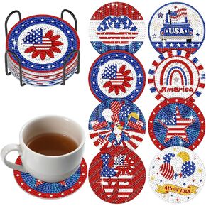 Shellwei 8 Pcs 4th of July Patriotic Diamond Art Coasters Kit Red Blue White Memorial Day Star Diamond Painting Coasters with Holder American Independence Day Art Kit for Adults Kids Craft Decor