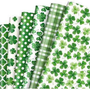 JarThenaAMCS 12 Sheet St. Patrick's Day Wrapping Paper Watercolor Shamrock Gift Wrap Paper Green Clover Folded Flat Plaid Polka Dots DIY Craft Art Paper for Spring Party Decor Supplies, 19.7x27.6 In