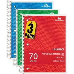 1 intheoffice sporal notebook college حكمت ، واحد من مواضيع دفتر حلزوني ، دفتر حلزوني ملزمة ، 10.5 "× 8" ، 3 حفرة ، 70 ورقة ، ألوان متنوعة ، 3 عبوة