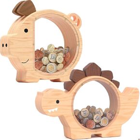 قم بقرص Bank Piggy Bank Wooden for Kids Boys Cute Money Bank for Toddlers Girls Creative Saving Jone