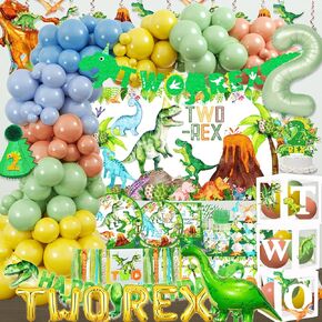 حفلات عيد ميلاد الديناصورات لوازم اثنين من ديكورات عيد ميلاد ريكس بوي ألوان مائية Trex Dinosaur مجموعة أدوات المائدة البالون صناديق البالون راية عالية الجمع لافتة لافت