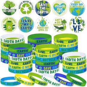 60 PCS Earth Day Party Ford Favors Issories تشمل 30 من أساور السيليكون العالمية الخضراء و 30 شركة Save the Earth Badges Putons لمستلزمات الحفلات الخاصة بالتعليم الخاص