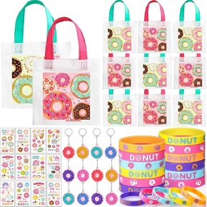 WinRayk 12 Sets Donut Party Favors اثنين من لوازم عيد ميلاد حلوة للبنات ، كيس غير منسوج من السيليكون ملصق الوشم المفتاح ، Kid Goodie Bag Stuffers Candyand Sweet One Donut Party Supplies Supplies