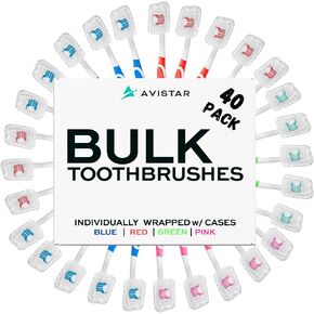 120 Pack Bulk Toothbrushes w/Cover Caps, Individually Wrapped Disposable Travel Toothbrush, Value Size, Long Lasting 3+ Months, Med-Soft Manual Teeth Brush Bristles, 4 Colors (Red Green Blue Pink)