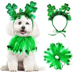 2 Pcs St. Patrick's Day Dog Costume Shiny Green Headband Puppy Collars Elastic Fancy Shamrock Tutu Irish Dog Clothes for Medium Pet Cats Girl Party Outfit Holiday Dress (Large, Irish Headband Collar)