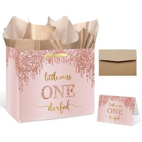 Sundeco Little Miss One Derful Gift Bag Rose Gold 1st Birthday Wrap Bag for Girls First First Wrapp Wrappe Bag with Wething Card Trissue Paper