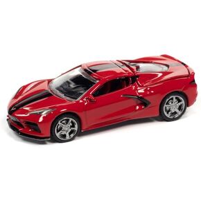 2020 Chevy Corvette C8 Stingray Torch Red with Twin Black Stripes Sports Cars Limited Edition to 15702 Pieces Worldwide 1/64 Diecast Model Car by Auto World 64332-AWSP084A