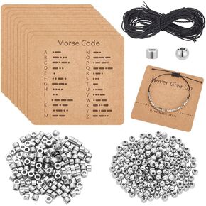 UNICRAFTALE Stainless Steel Morse Code Bracelet Making Kit 200Pcs Round Spacer Beads 200Pcs Long Tube Beads 10Pcs Morse Code Decoding Card and Waxed Cord for DIY Bracelet Jewelry Making