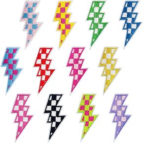 Jongdari 12pcs Checkered Lightning Bolt Iron On Patches for Hats, Multicolour Racing Day Embroidery Patches for Clothes Trucker Jacket Denim Jeans Shirt (Multicolour, 12pcs)