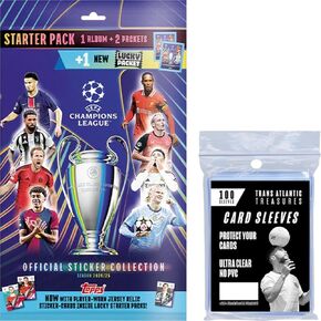 Topps Uefa Champions League 24/25 Starter Pack + 100 حماة البطاقات ، بطاقات كرة القدم 2024-2025 ، حزمان ، 1 حزمة Lucky + 1