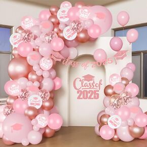 Graduation Balloon Arch Kit 2025 Pink, 18" 10" 5" Pink Rose Gold Balloons with Class of 2025 Banner for Congrats Grad Decorations College High School Graduation Party Decorations