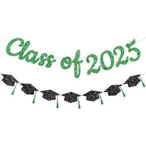 فئة مسبقة من 2025 لافتات الحفلات زخارف Green Glitter التخرج لافتات تهنئة Grad Decor