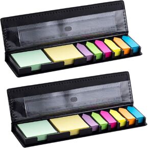 Sticky Notes and Index Tabs Set, 1280 Pcs Self-Stick Notes with Colored Page Markers and Ruler, Leather Look Organizer Box for Office, School, Teacher Supplies, 2 Pack (Black)